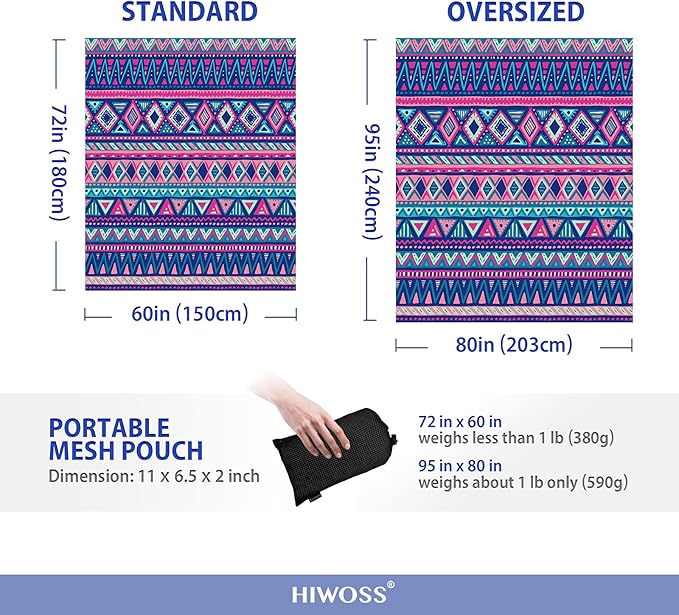 Beach Blanket Waterproof Sandproof Oversized 95”x 80”,Sand Free Beach Mat with Corner Pockets,Portable Mesh Bag for Beach Festival,Picnic,Travel and Outdoor Camping (Boho-Chic)