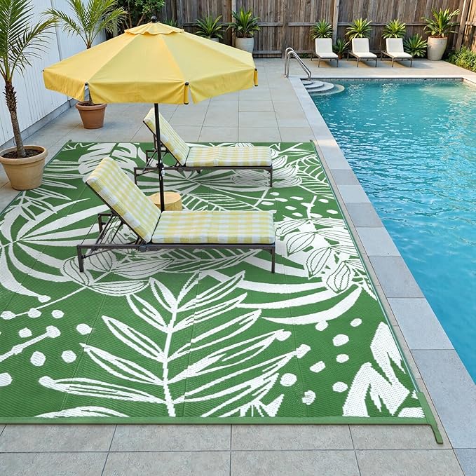 Anidaroel Leaf Outdoor Rugs 8x10ft for Patios Clearance Waterproof, Reversible Tropical Plastic Straw Camping Mat Outside Area Rug for RV, Backyard, Deck, Balcony, Picnic, Beach(Green,8'x10')