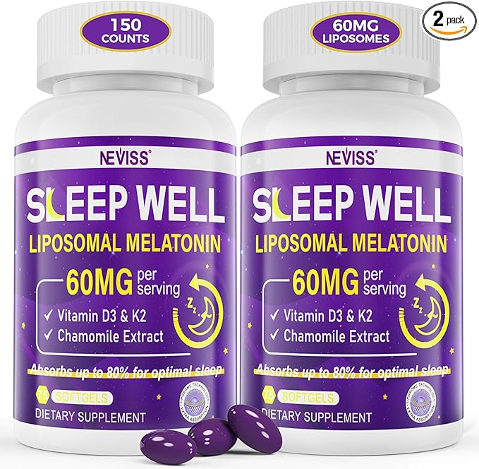 Melatonin 60mg for Adults High Dose, Supports Deep Rest & Brain Cognition, Extra Strength Liposomal Melatonin with Vitamin D3 K2, Chamomile, for Sound Zzz Cycle, Immune & Antioxidant, 150 Softgels