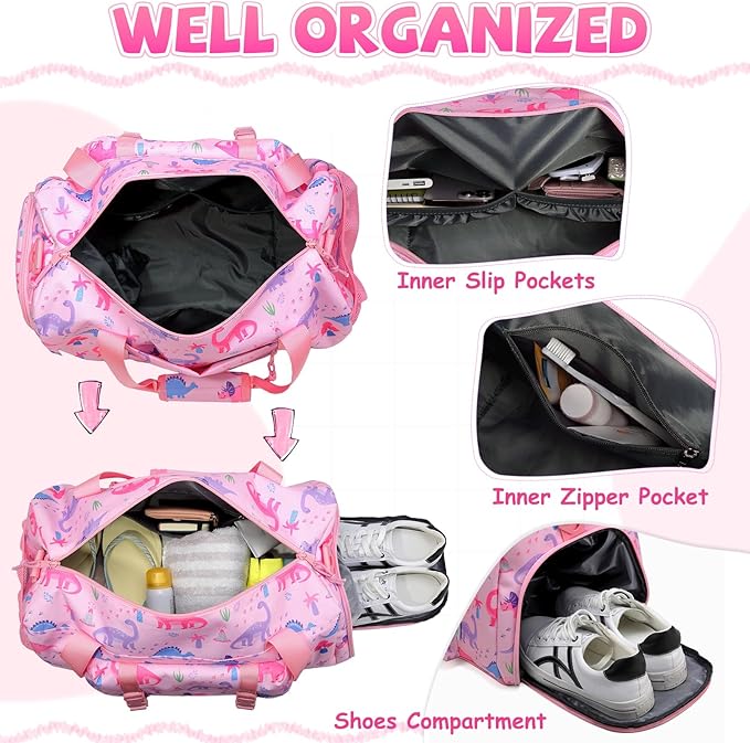 Kids Overnight Duffel Bags,Kasqo Girls Dance Bag Water Resistant Sports Gym Ballet Bag for Teens Sleepover Travel Bag Weekender Carry On Tote with Shoes Compartment Dry Wet Pocket,Pink Dinosaur