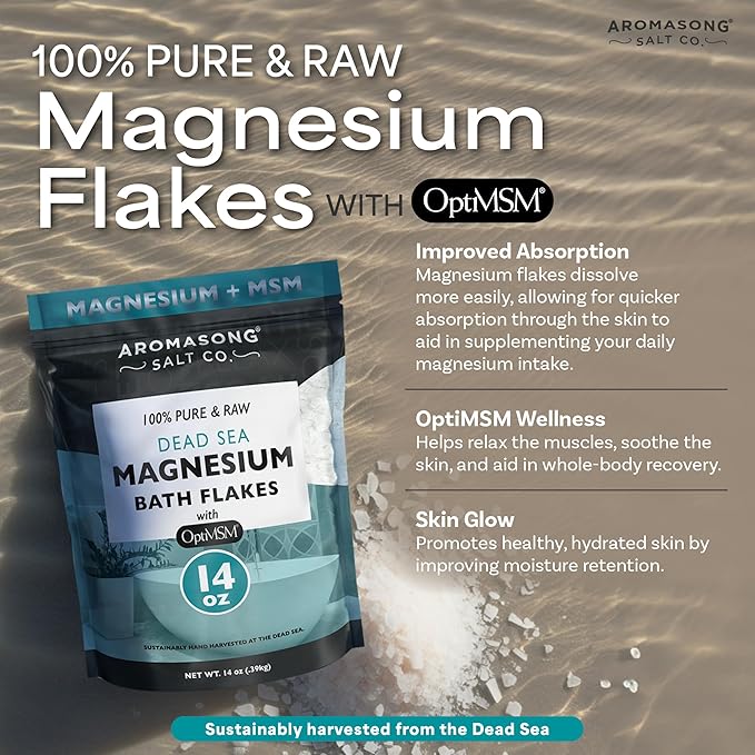 Aromasong RAW Magnesium Flakes + OptiMSM for Soaking 14 Oz. Resealable Pack - Muscle Relaxing Organic Bath Salts Magnesium Chloride Flakes.