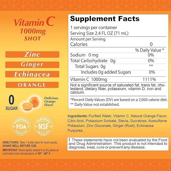 Vitamin C Shot 1000MG 80 Pack by ALFA Vitamins - Immunity Booster with Zinc, Ginger, & Echinacea - Protect Your Immunity Orange Flavor - 2.4 FL Oz Bottle