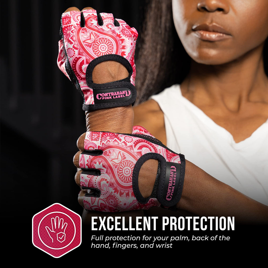 Contraband Pink Label 5387 Womens Design Series Paisley Print Lifting & Rowing Gloves (Pair) - Lightweight Vegan Medium Padded Microfiber Amara Leather w/Griplock Silicone (Pink, X-Small)