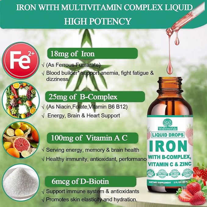 Vegan Iron+D3 K2 Vitamin Bundle：Iron with Vitamin C, B-Complex, Vitamin D3 K2 10000iu Coconut Oil Liquid Drops, Nutritional Bundle for Overall Well-Being