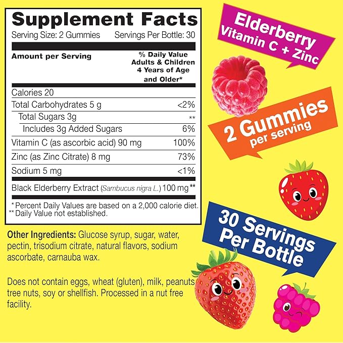 Elderberry Gummies for Kids with Vitamin C and Zinc - Antioxidant and Immune Support, Black Elderberry Dietary Supplement - Non GMO, Gluten Free,Vegan - Naturally Sourced Flavors - 60 Count