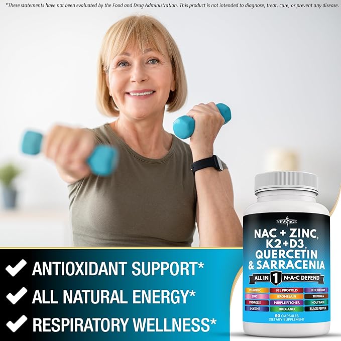 NEW AGE NAC Supplement N-Acetyl Cysteine- with Vitamin D3, K2, Zinc, Quercetin, Triphala, Sarracenia Purpurea, Elderberry, Holy Basil, Bee Propolis, Bromelain, L-Lysine - 180 Count