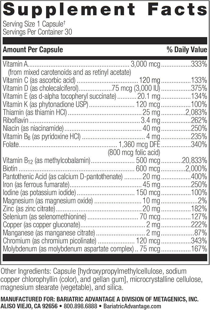 Bariatric Advantage Ultra Solo with Iron - Once-Per-Day Daily Multivitamin - for Bariatric Patients - with Thiamin, Vitamin A & More - Gluten Free - 30 Capsules