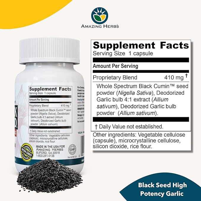 Amazing Herbs Whole Spectrum Black Seed & High Potency Garlic, Vegetarian Capsules - Gluten-Free, Non-GMO, Vegan, Supports Immune System, Lung Function, & Cardiovascular Health - 100 Count