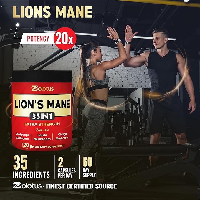 Zolotus 35 in 1 Lions Mane Mushroom Capsules Cordeyceps, Reishi, Elderberry, Ashwagandha, Panax Ginseng - 120 Count