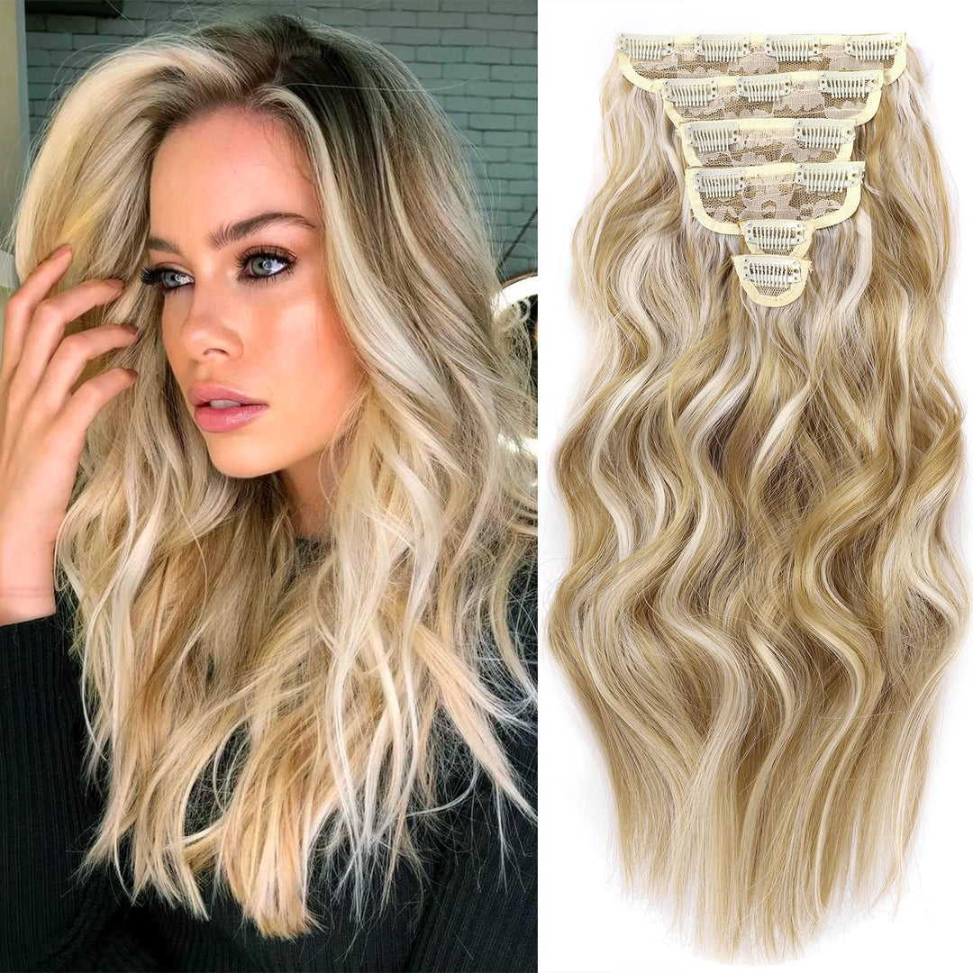 ELIO Clip in Hair Extensions, 20 Inch 6PCS Synthetic Long Thick Wavy Hair Clip Ins Extensions Double Weft Hairpieces Full Head For Women Extension 240g(8.47oz) (Golden Brown Mix Bleach Blonde)