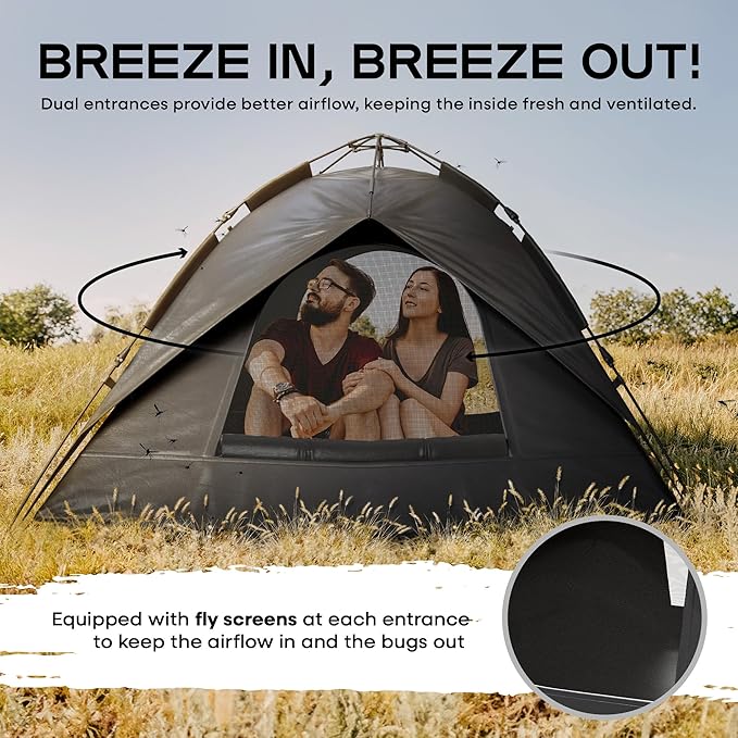 3-4 Person Automatic Instant Pop Up Tents for Camping - Fully Waterproof Camping Tents with Fly Screen, Storage - Portable Easy Set Up, Lightweight for Backpacking, Hiking Picnic