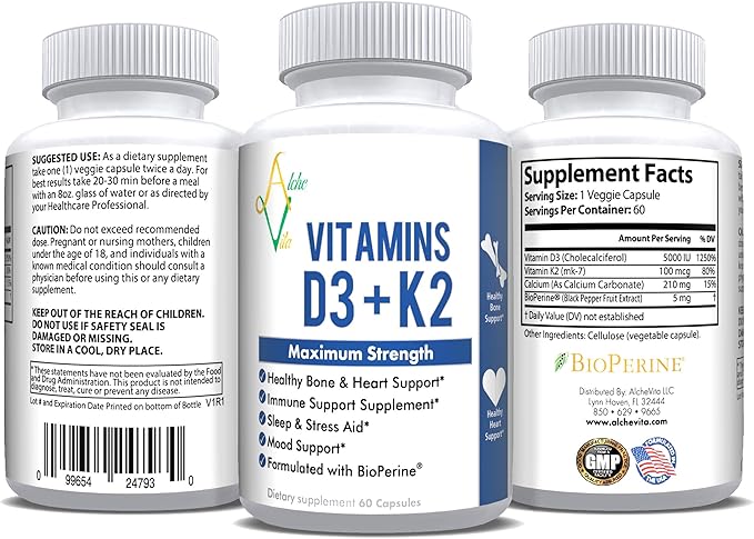 AlcheVita Vitamins D3 (5000 IU) + K2 (mk7) + Calcium (210mg)- Maximum Strength Complex (3-in-1 Formula) - 60 Capsules | Supports Healthy Bones, Heart and Immune System - Sleep and Stress Aid