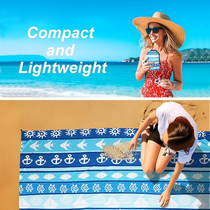 Beach Blanket Waterproof Sandproof, 79" x 83" Extra Large Sand Free Quick Drying Beach Mat, Compact Outdoor Picnic Mat for Travel, Hiking, Camping (Blue Stripes)