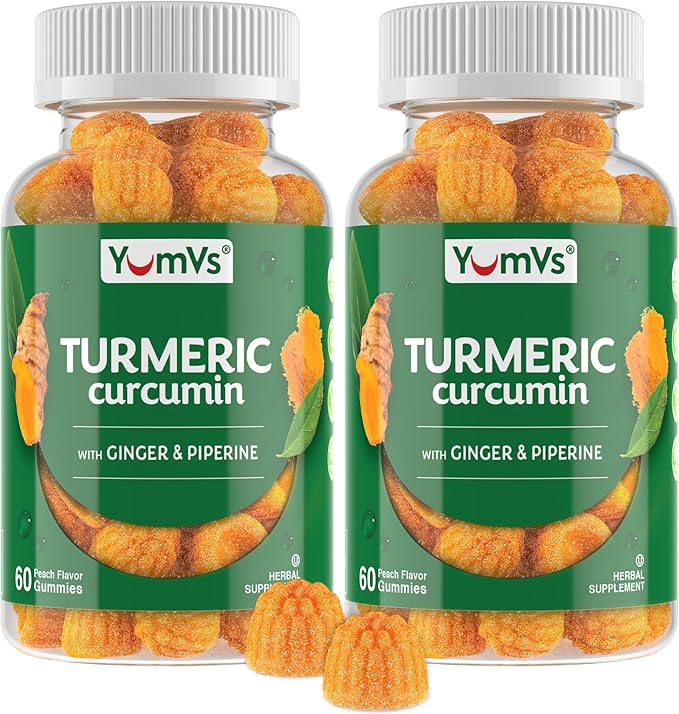 YumV's Turmeric Gummies with Ginger and Piperine - Peach Flavored Gluten Free Vegetarian Turmeric Ginger Supplement with Black Pepper (60 Count (Pack of 2))