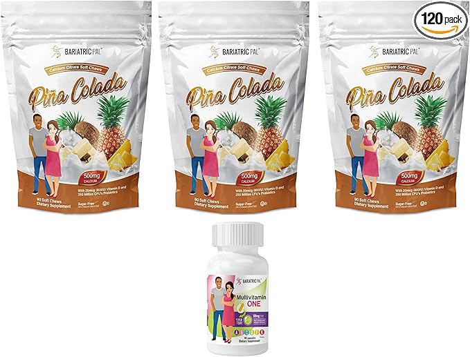 BariatricPal 90-Day Bariatric Vitamin Bundle (Multivitamin ONE 1 per Day! Capsule with 60mg Iron and Calcium Citrate Soft Chews 500mg with Probiotics - Piña Colada)