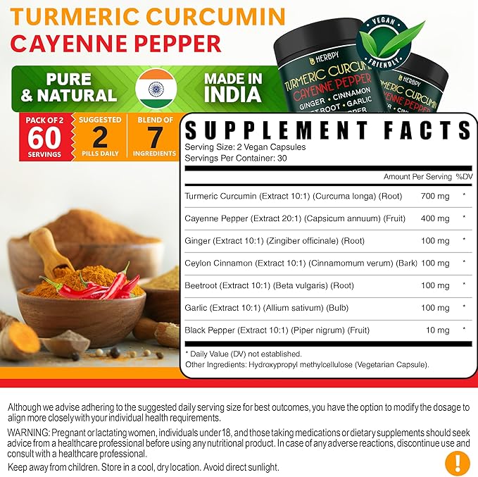 7in1 Turmeric and Cayenne Pepper Supplement - Digestion, Immune, Brain & Heart Health Support with Ceylon, Ginger, Garlic, Beetroot - 2Pack60