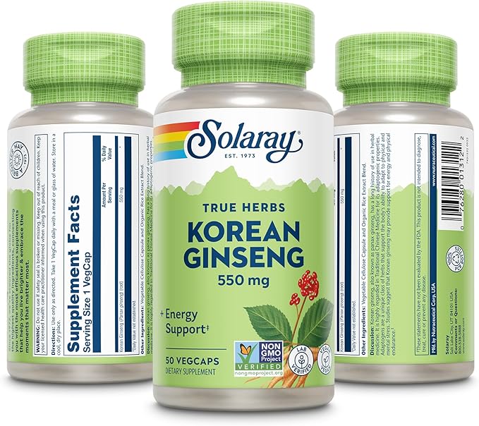 SOLARAY Korean Ginseng 550 mg - Ginseng Root - Stress, Physical Endurance and Energy Supplements - Non-GMO, Vegan, Lab Verified - 50 Servings, 50 VegCaps