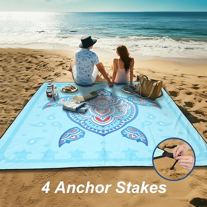 Beach Blanket Waterproof Sandproof, 79" x 83" Extra Large Sand Free Quick Drying Beach Mat, Compact Outdoor Picnic Mat for Travel, Hiking, Camping (Blue Sea Turtle)