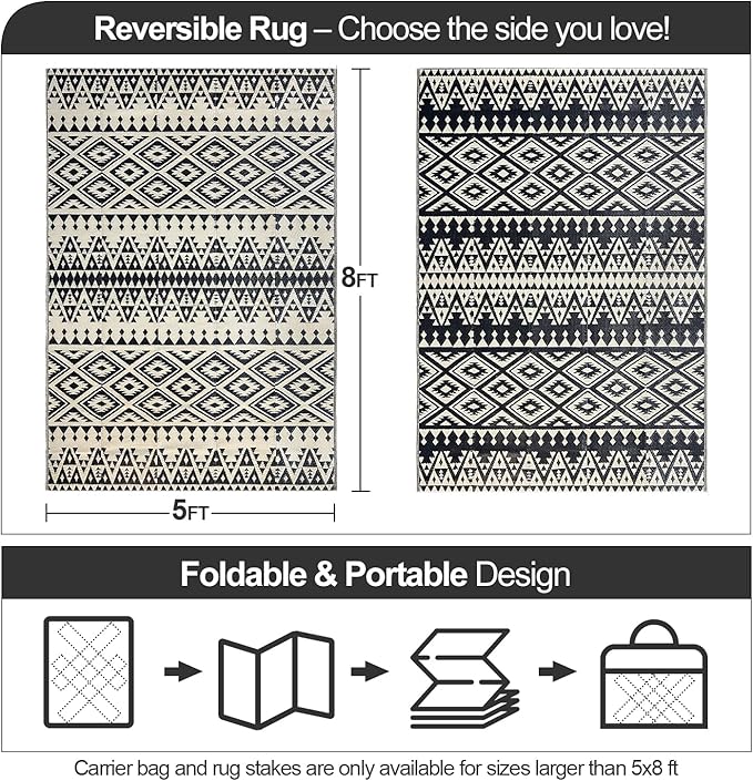 Waterproof Outdoor Rug 5x8ft, Bohemia Reversible Plastic Straw Mat for Patio RV Deck Porch Backyard Balcony Camping Picnic Beach Indoor Outdoor Carpet, Black&Beige
