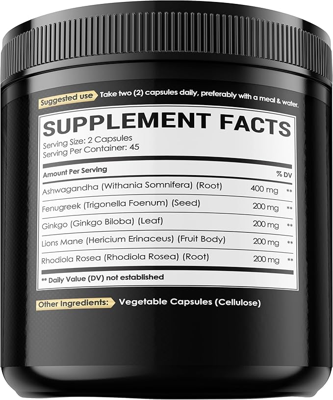 Ashwangdha Capsules 4000mg Fenugreek Seed 2000mg Ginkgo Biloba 2000mg & More - Apple Cider Vinegar, Bladderwrack - Support Brain Health, Comfortable Mind & Immune System - 90 Vegan Capsules