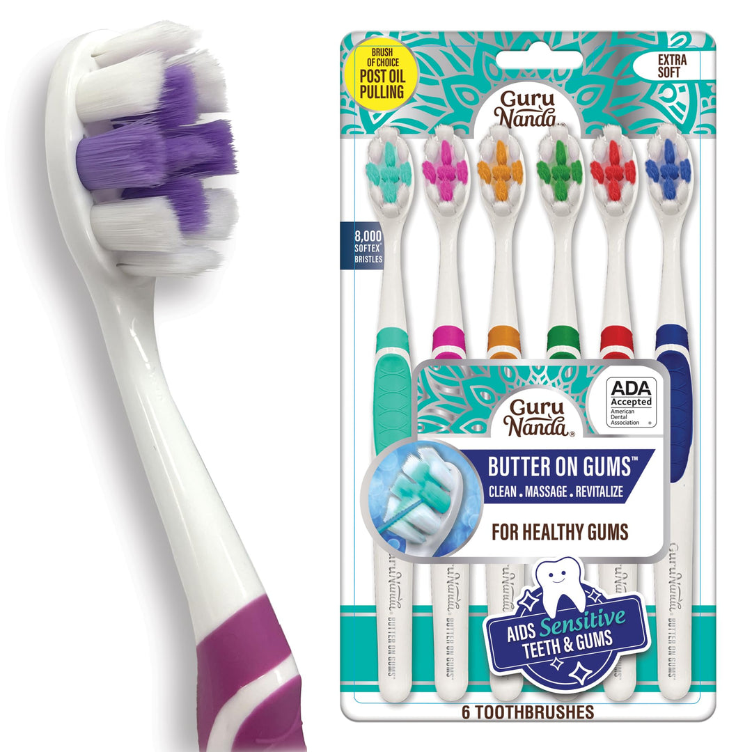 GuruNanda Butter On Gums Toothbrush with 8000+ Softex Bristles, Ultra Soft Bristles for Sensitive & Receding Gums, Perfect for Whiter Teeth, 6 Count