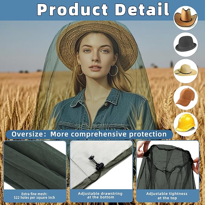 2 Pack Ultra Large Mosquito Net 42x25 Inches Mosquito Head Net Oversized Insect Netting Bug Fits Most Hats for Gardening Hiking Fishing Traveling(Army Green)