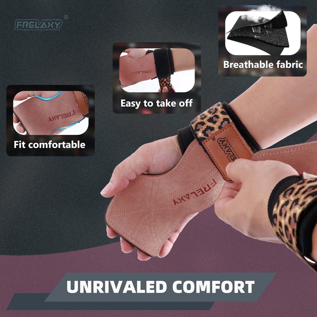 Frelaxy lifting Grips Women and Men, Weight lifting Wrist Straps with Cushion Wrist Loop, Double Layer Leather, and Storage Pouch, Gym Gloves for Deadlift and Powerlifting (Pink/Leopard)