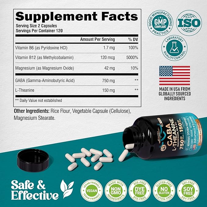 GABA L-Theanine 900 mg - Made in USA - Magnesium | Vitamin B6 - Calm, Sleep, Relaxation & Mood Support - 750 mg Gamma AminoButyric Acid, 150 mg L-Theanine - Non-Habit Forming, Vegan - 240 Capsules