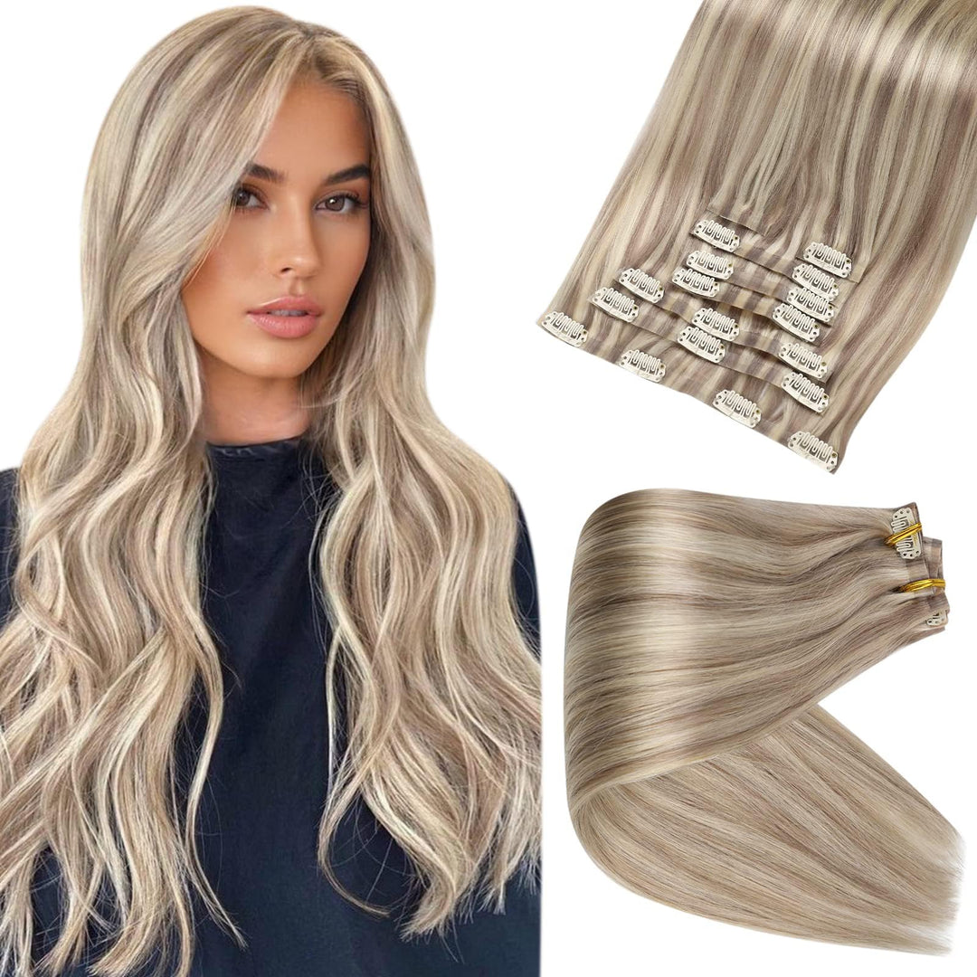 Full Shine Blonde Clip in Hair Extensions Highlights Human Hair Clip in Extensions Ash Blonde Mix Bleach Blonde Pu Clip in Hair Extensions Real Human Hair Remy Hair Extensions 12 Inch 8 Pcs 80 g