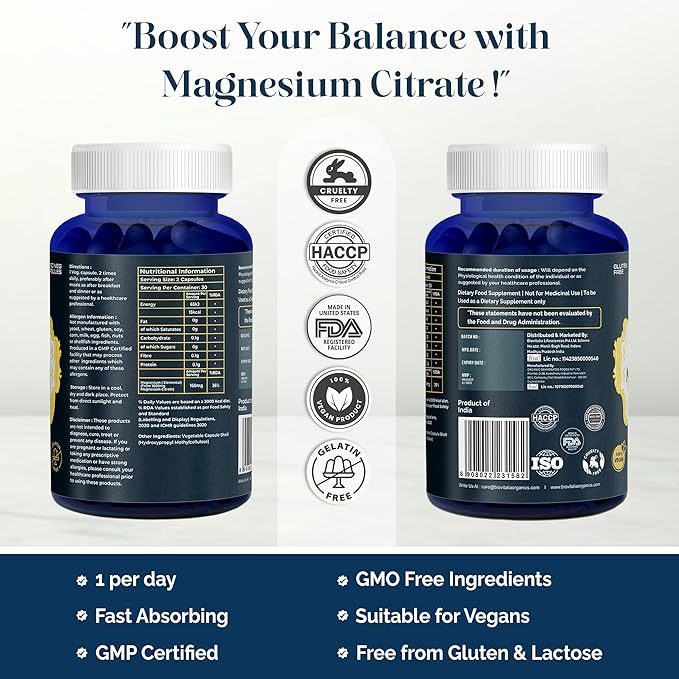 Biovitalia Magnesium Citrate Supplement for Sleep Heart Health Cognitive Health Bone Health Energy Muscles & Metabolism with Premium Magnesium - 60 Vegan 1000mg Capsules