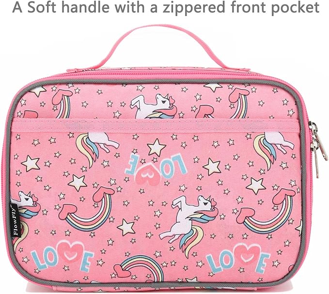 FlowFly Kids Lunch box Insulated Soft Bag Mini Cooler Back to School Thermal Meal Tote Kit for Girls, Boys, Unicorn