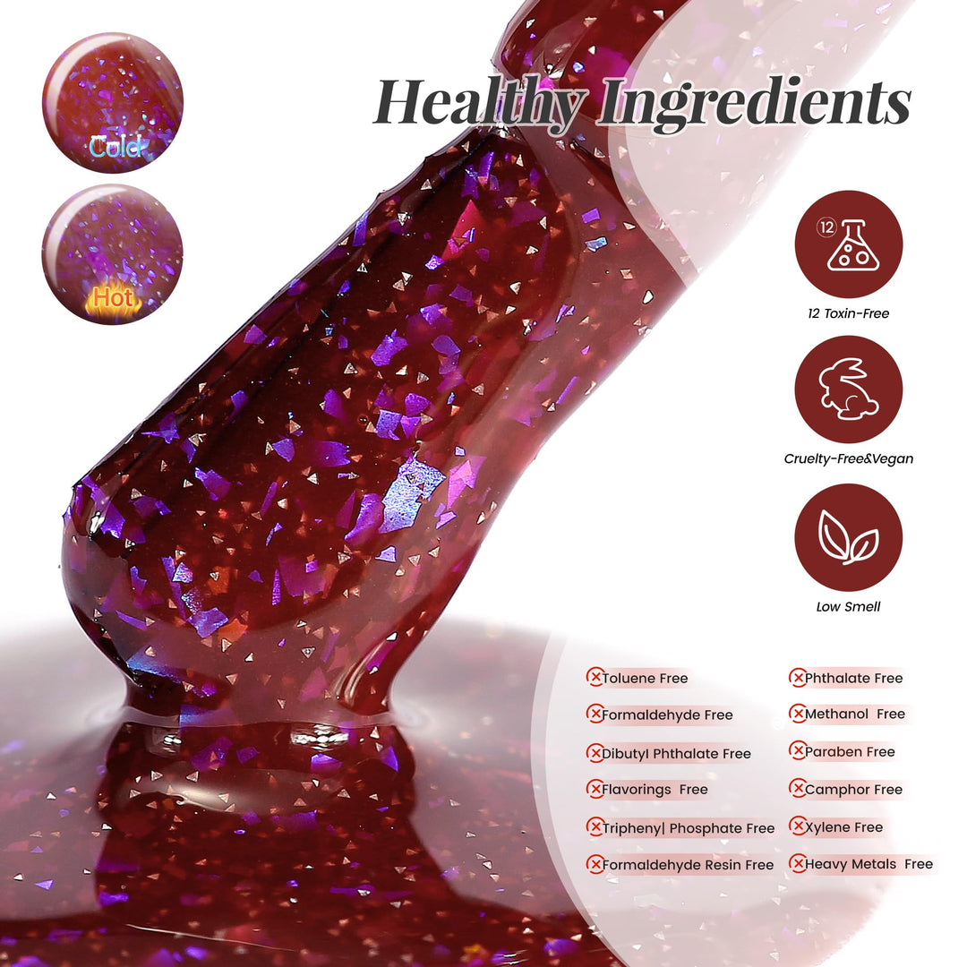 YTD Likomey Brocade Glitter Color Changing Gel Nail Polish,15ml Light Purple To Jujube Red Shimmer Mood Temperature Change Colors Iridescent Flakes,Spring Summer Thermal UV Nail Gel,WB340