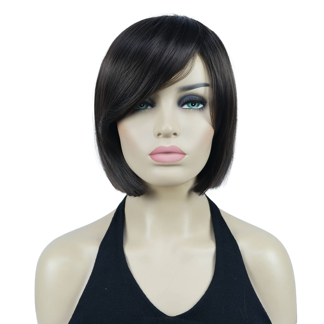 Lydell 8'' Straight Short Wigs Bob Hair With Bangs Cute Central Dot Top Heat Resistant Synthetic Wigs (Chestnut Brown)