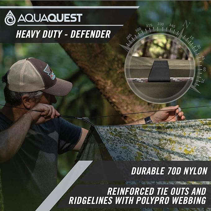 AquaQuest Defender Camping Tarp - Heavy Duty Tent Shelter or Rain Fly - Waterproof Camping Essentials for Hiking, Bushcraft & Hammock, 15 x 15 ft, Woodland Camo