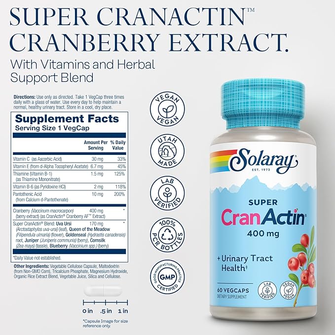 SOLARAY Super CranActin Cranberry Extract 400mg | Healthy Urinary Tract Support | with Added Vitamins | 60 VegCaps