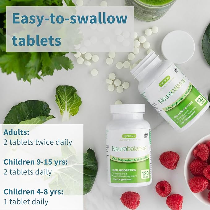 Igennus Neurobalance, High Absorption Zinc Magnesium Vitamin B6 Supplement, Non-GMO, Brain, Immune, Sleep & Muscle Recovery, Chelated Zinc Picolinate 24mg, Oxide-Free Magnesium, Vegan, 240 Tablets