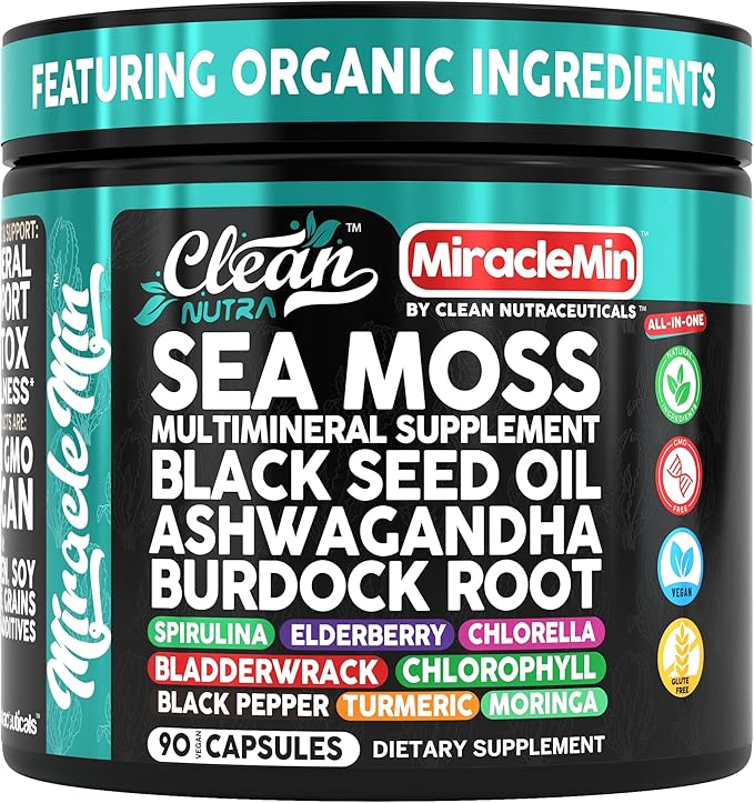 Clean Nutra Sea Moss Capsules with Ashwagandha, Black Seed Oil, Burdock Root, Bladderwrack, Moringa, Chlorella, Spirulina, Turmeric, Elderberry, Amla – 90 Vegan Capsules – MiracleMin
