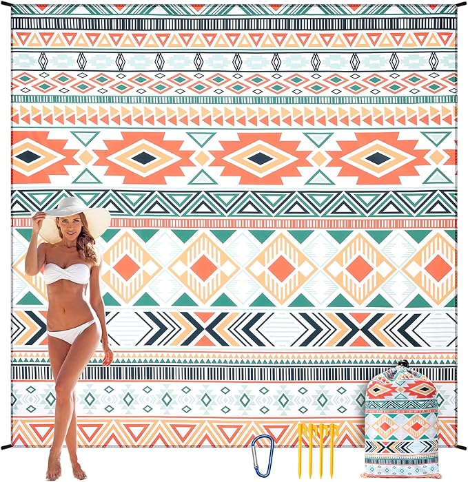 Beach Blanket, Sandproof Beach Mat, Waterproof Quick Drying Lightweight Outdoor Aztec Picnic Mat 79" X 83" for 2-4 Adults with Pocket for Travel, Camping, Hiking