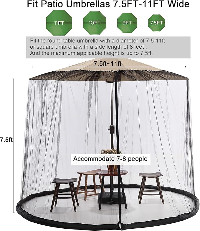 7.5-11 FT Patio Umbrella Mosquito Net, Polyester Mesh Umbrella Screen, Universal Canopy Umbrella Mosquito Netting with Zipper Door and Adjustable Rope, Fit Outdoor Umbrellas and Patio Tables
