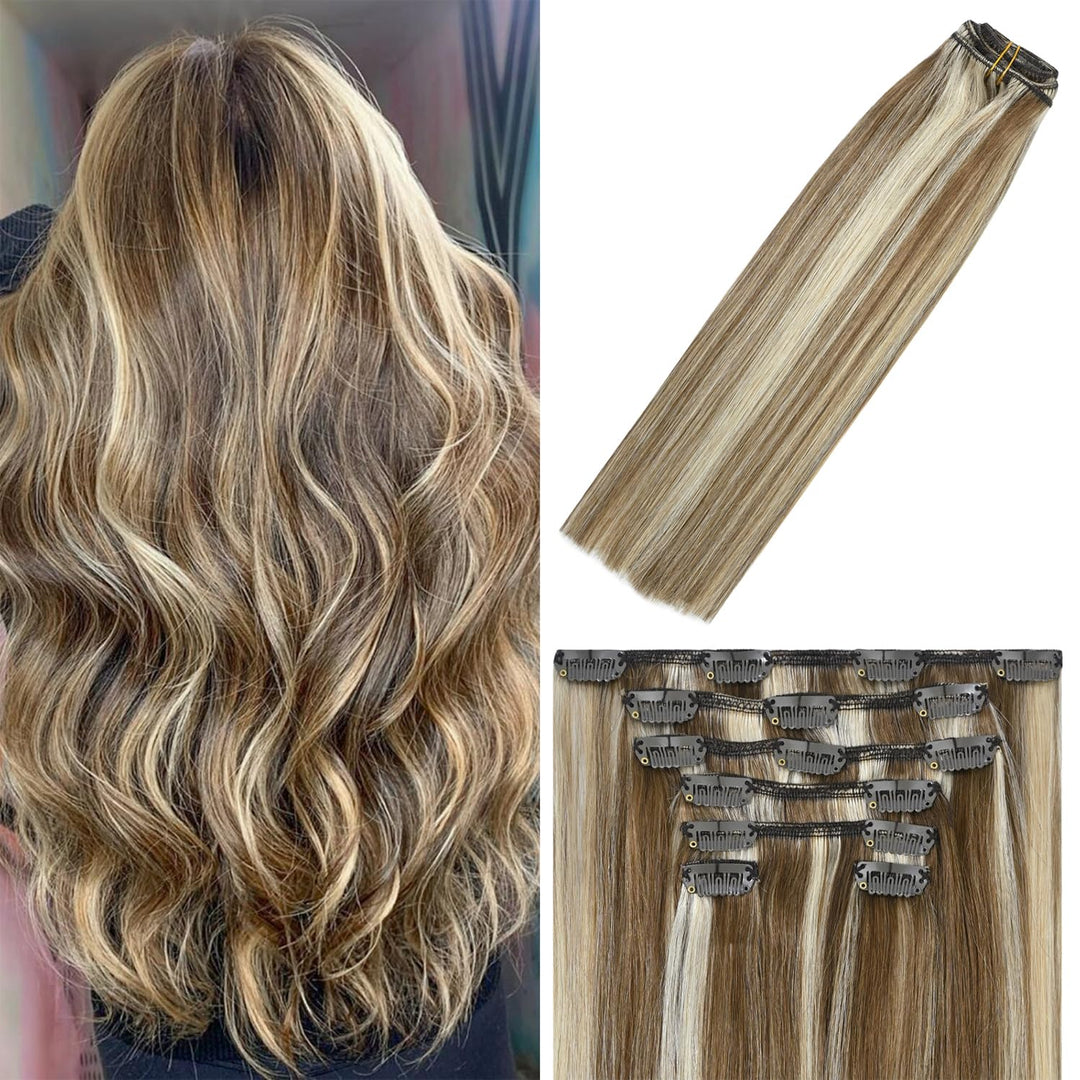 WindTouch Clip in Hair Extensions Human Hair Balayage Medium Light Brown to Blonde Hair Extensions for Blonde 12Inch 70g #6p613 7PCS Gift for Women