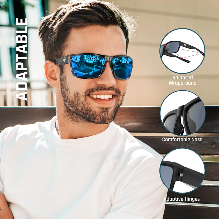 TOREGE Polarized Sports Sunglasses for Men and Women Cycling Running Golf Fishing Sunglasses TR26 (Bright Black& Grey Tortoise Frame& Ice Blue Lens)