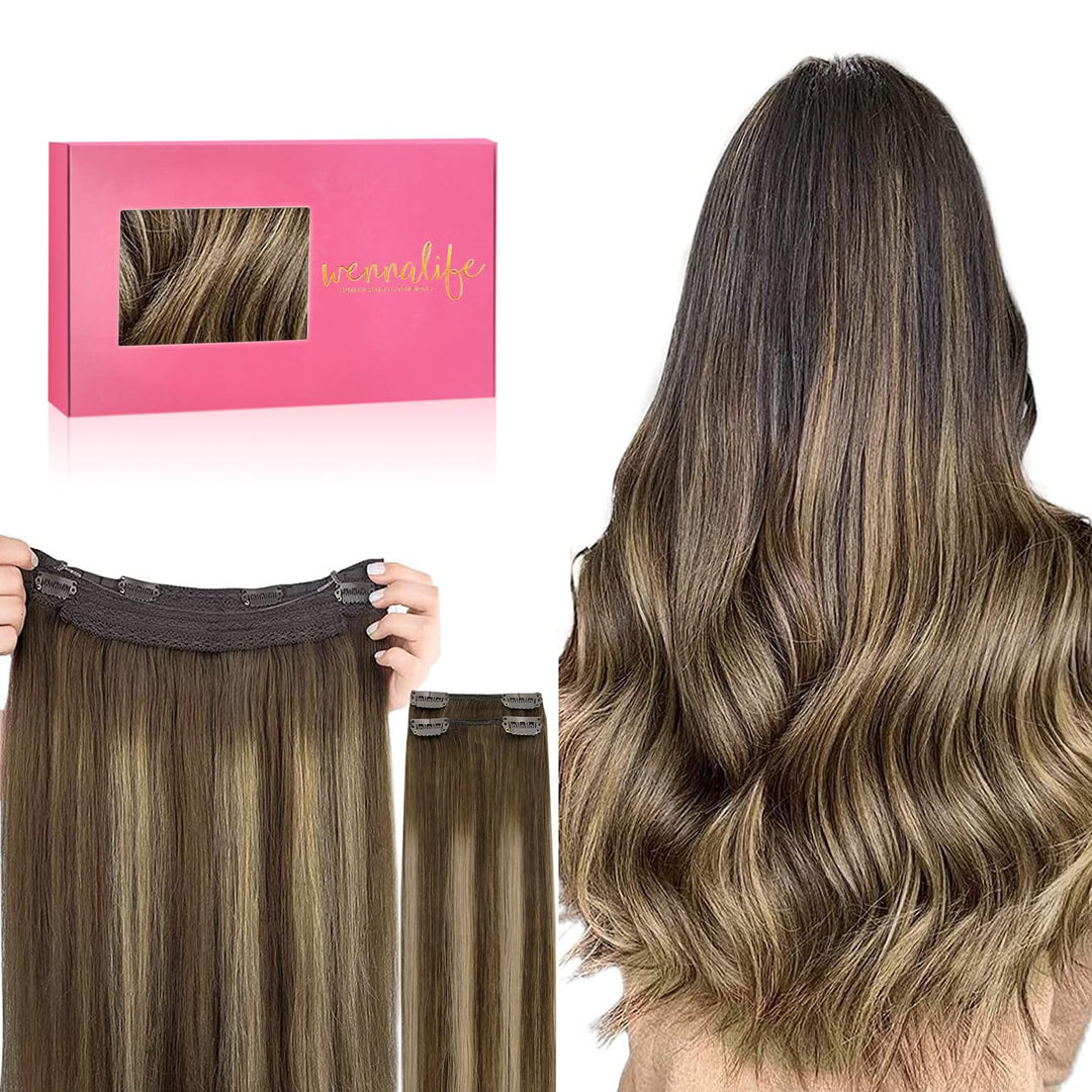 Wennalife Wire Hair Extensions (Increase 50% Lifespan) Real Human Hair 14 Inch 105G Balayage Chocolate Brown To Caramel Blonde R