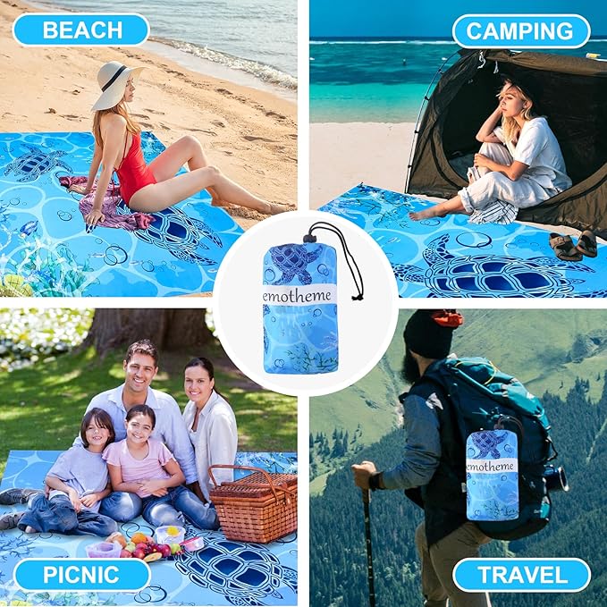 Beach Blanket, Sandproof Beach Mat 79" X 82" for 4-7 Adults, Large Waterproof Beach Blanket Quick Drying Lightweight Beach Blanket with 4 Stakes for Travel Camping Hiking (Sea Turtle)