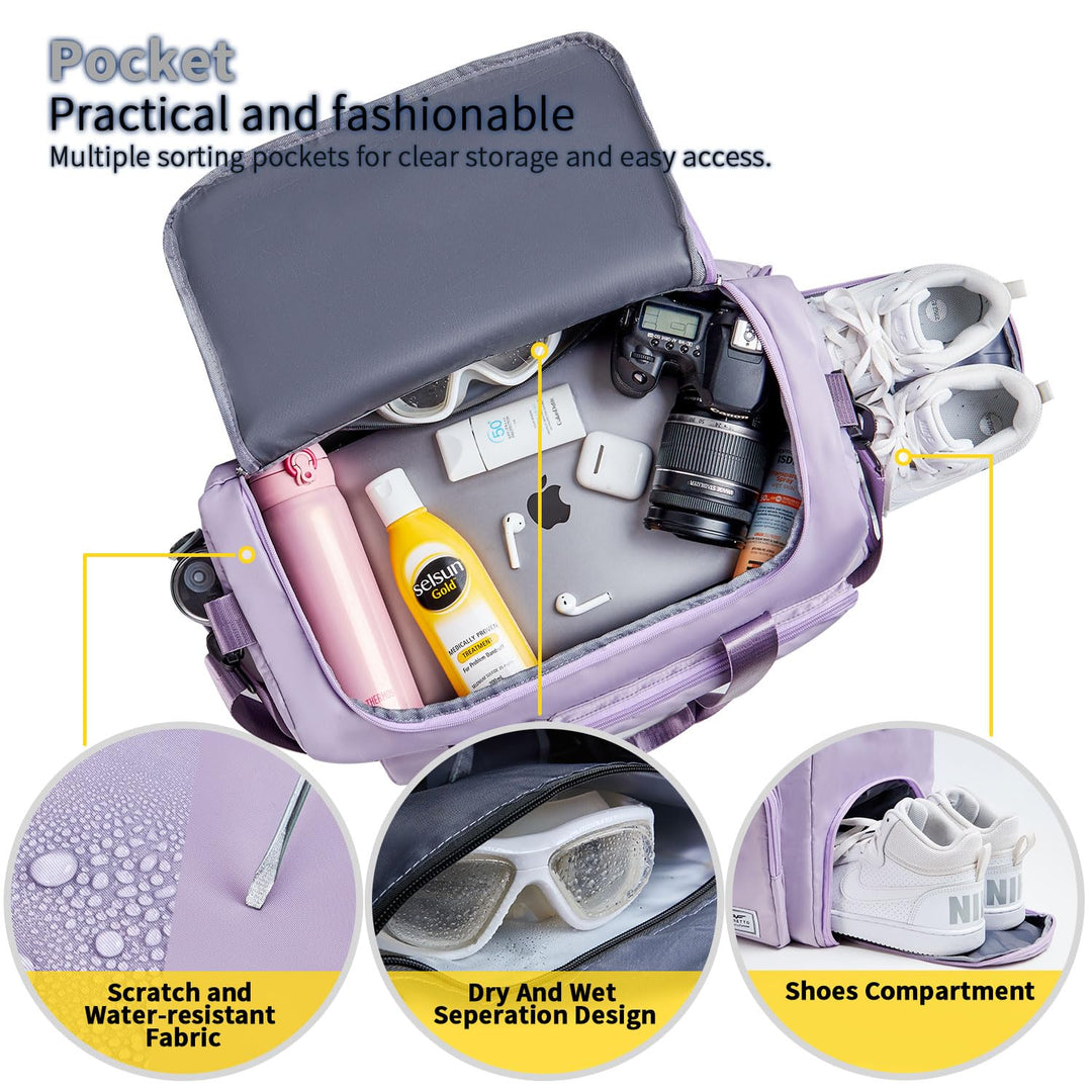 FIORETTO Women's Water-Resistant Gym Duffle Bag with Shoes Compartment, 37L Capacity, Multi-Functional, Ideal for Travel, Gym, Sports, Weekender, Light Purple
