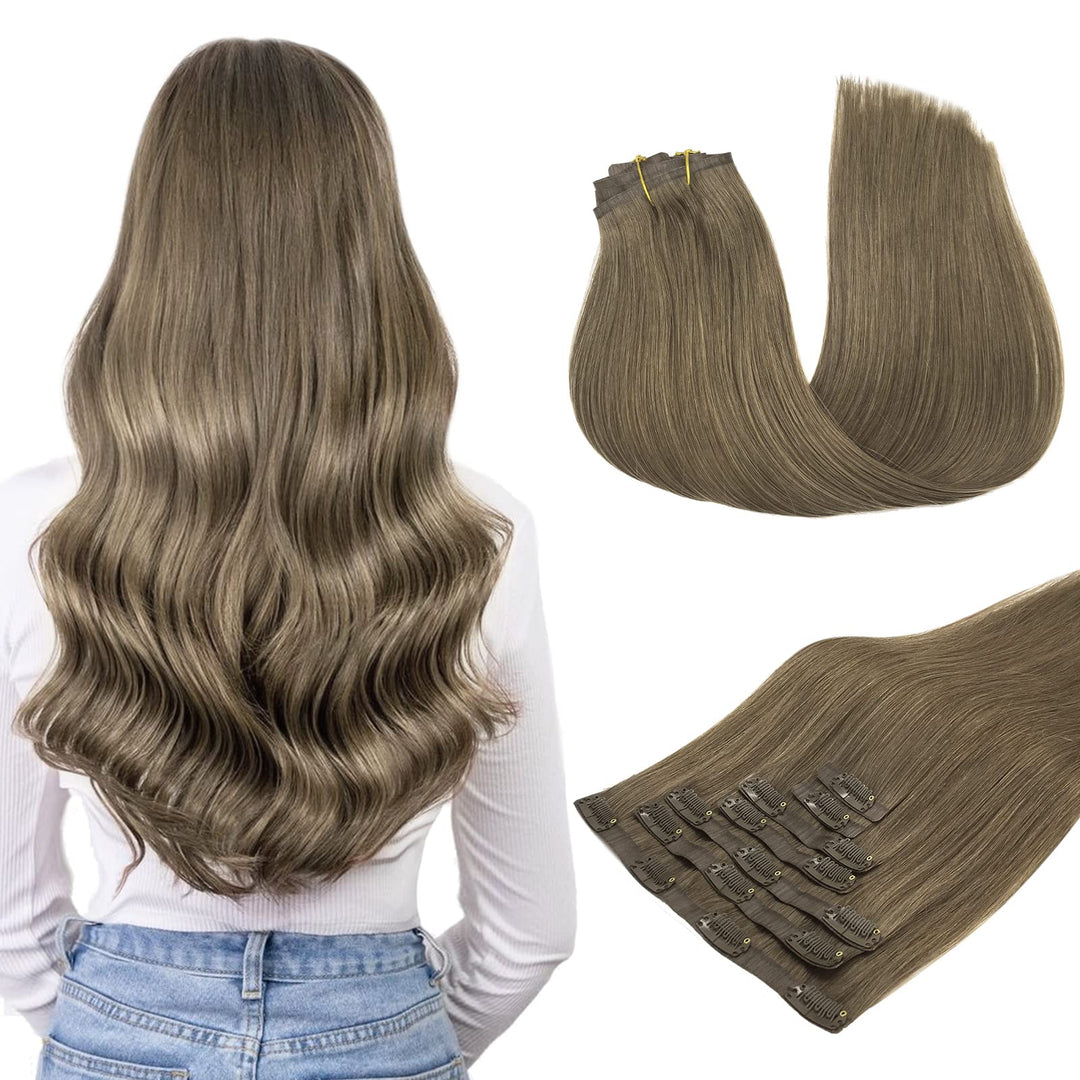 Maxita Hair Extensions Real Human Hair, 22 Inch Medium Light Brown 110G 7Pcs, Clip In Hair Extensions Remy Straight Long Hair Ex