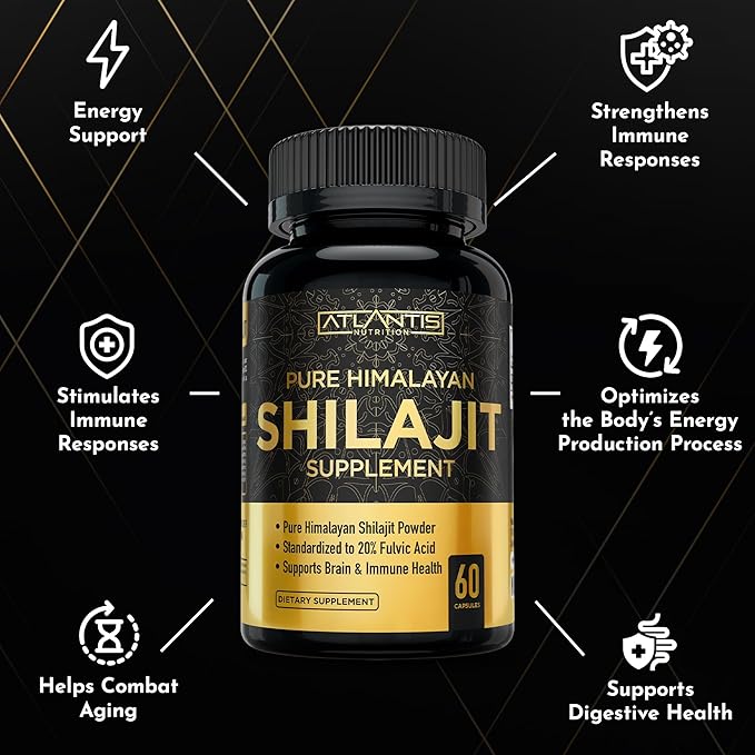 Atlantis Nutrition Himalayan Shilajit Capsules Formulated with 20% Fulvic Acid | 10:1 Extract Providing 10,000mg D.H.E. | USA Made | Himalayan Shilajit Supplement for Men & Women | 120 Capsules