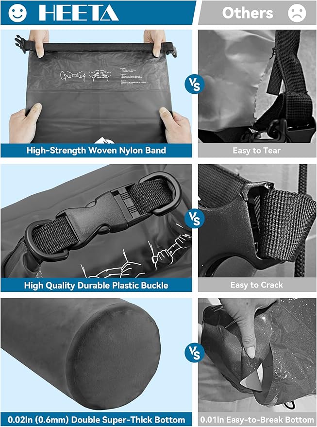 HEETA Dry Bag Waterproof for Women Men, 5L/10L/20L/30L/40L Roll Top Lightweight Dry Storage Bag Backpack with Phone Case for Travel, Swimming, Boating, Kayaking, Camping & Beach, 11 Transparent Colors