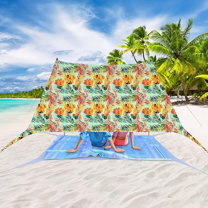 Beach Tent Pop Up Sun Shade Canopy Sun Shelter UPF50+ with 4 Stability Poles/Carry Bag/Ground Pegs/Sand Shovel/Windproof Ropes Portable Outdoor Family Sunshade for Beach Camping Fishing Picnic