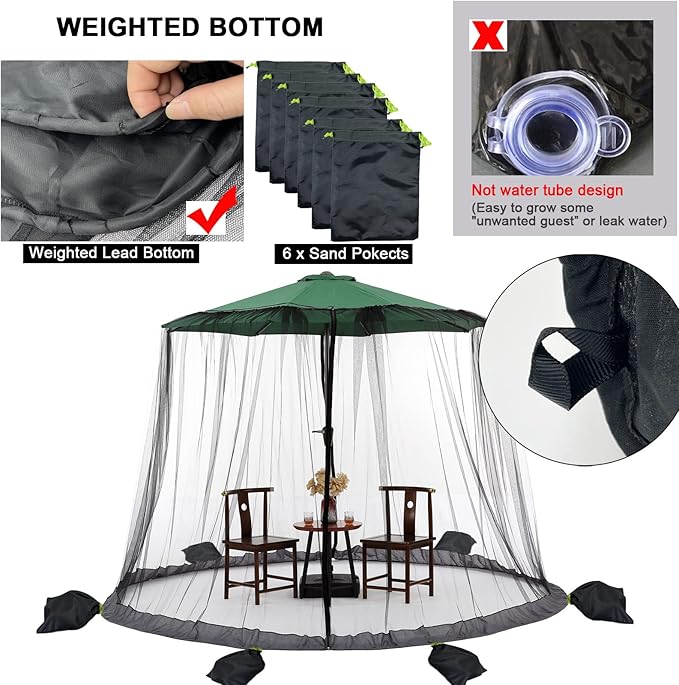 Black Patio Umbrella Mosquito Net, with Double Zipper Door, Polyester Mesh Screen, Universal for Outdoor Umbrellas, 7.5-11ft