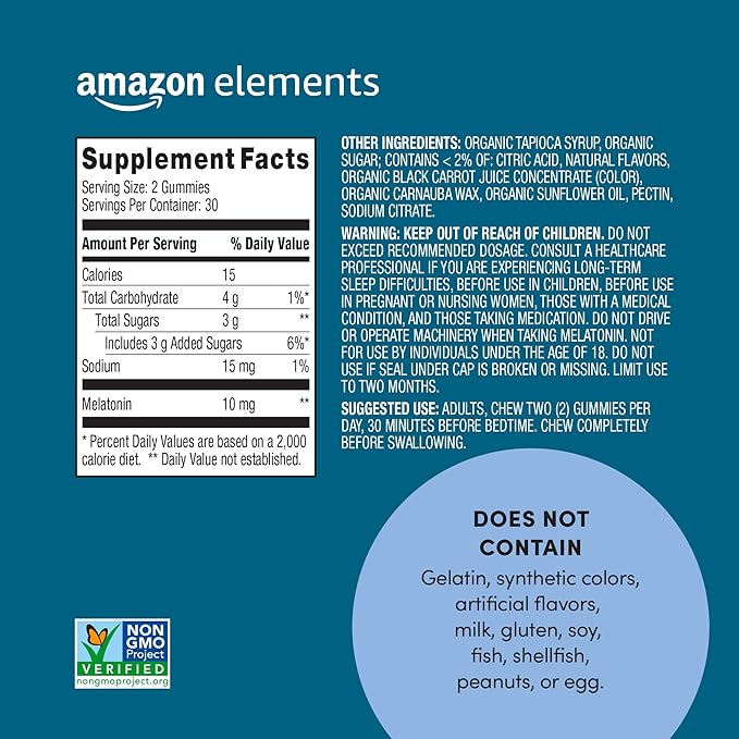 Amazon Elements - Melatonin 10mg Gummies, Supports Restful Sleep, Strawberry, 60 Count (Previously Revly) (Pack of 2)